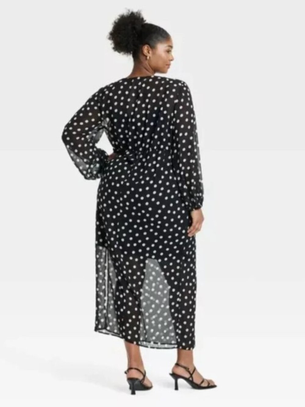 Ava & Viv Black White Dots Maxi Sheer Overlay Slip Balloon Dress V Neck NWT 2X - Picture 3 of 3